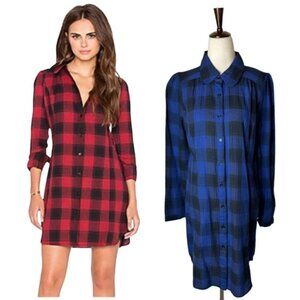 Bobi Blue And Black Puff Sleeve Woven Plaid Button Front Mini Shirt Dress Size L